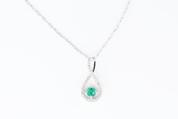 White Gold Emerald and Diamond Twisty Pendant with Chain
