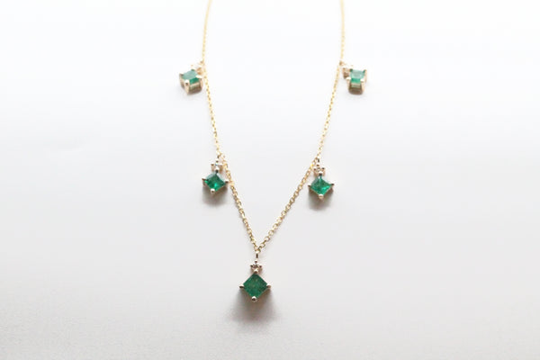 Yellow Gold Emerald and Diamond Station Necklace