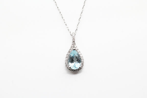 White Gold Pear Shaped Aquamarine Pendant with Diamond Halo