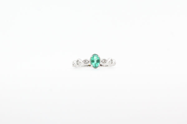 White Gold Oval Emerald and Diamond Ring with Milgrain Band