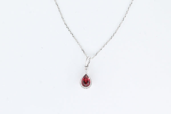 White Gold Bezel Set Garnet Pendant with Chain