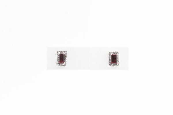 White Gold Checkerboard Cut Garnet Earring