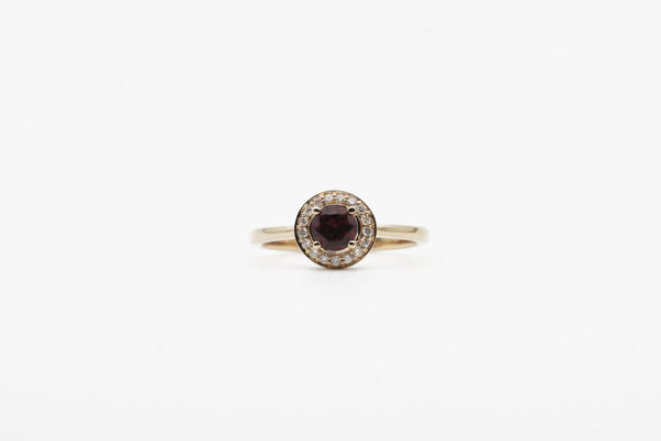 Yellow Gold Garnet with Diamond Halo Ring