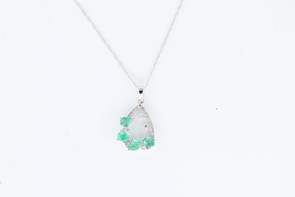 White Gold Emerald and Diamond Pendant with Chain