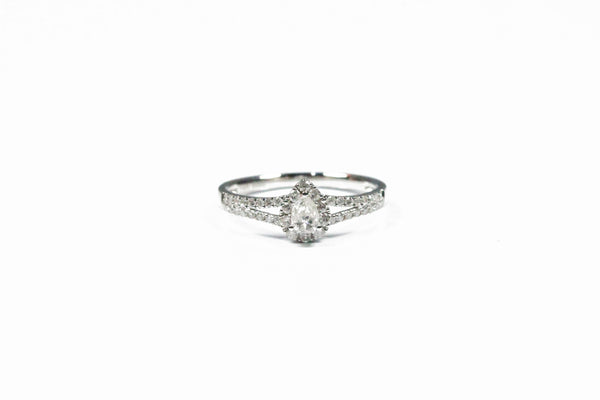 White Gold Pear Shaped Diamond Halo Ring with Split Shank
