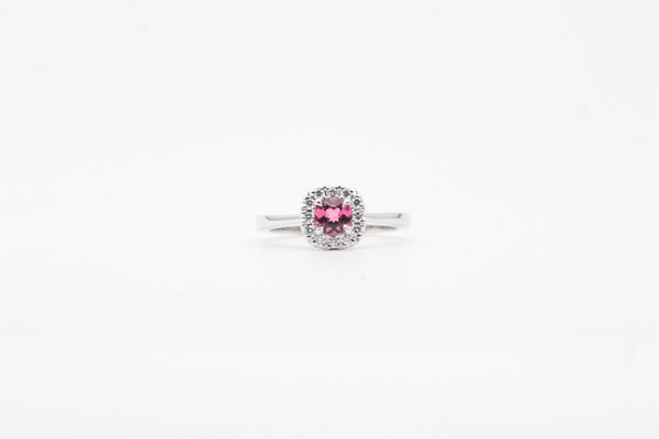 White Gold Pink Tourmaline and Diamond Halo Ring