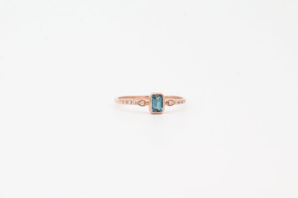 Rose Gold Emerald Cut Bezel London Blue Topaz and Diamond Ring