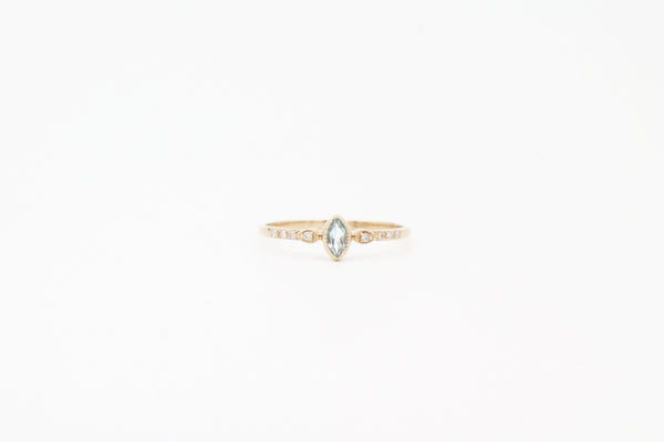 Yellow Gold Marquise Bezel Set Aquamarine and Diamond Ring