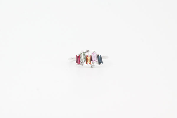 White Gold Rainbow Sapphire and Ruby Ring with Diamonds