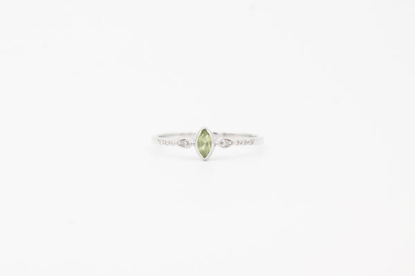 White Gold Marquise Cut Bezel Peridot and Diamond Ring