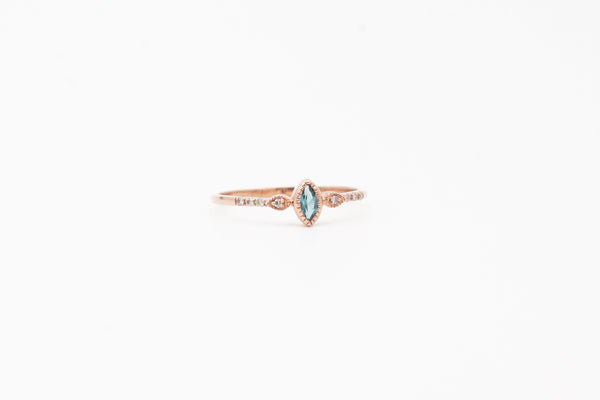 Rose Gold Marquise Shaped Bezel London Blue Topaz and Diamond Ring
