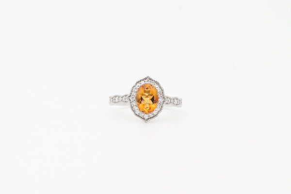 White Gold Citrine and Diamond Vintage Inspired Ring