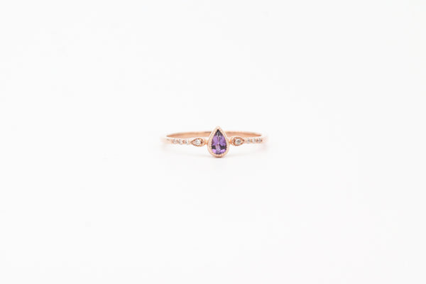 Rose Gold Pear Shape Bezel Amethyst and Diamond Ring