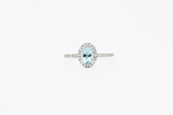 White Gold Aquamarine and Diamond Halo Ring