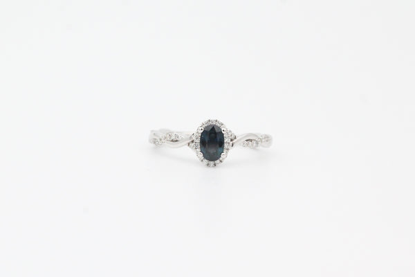 White Gold Sapphire and Diamond Halo Twisted Band Engagement Ring