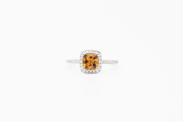 White Gold Citrine and Diamond Halo Ring