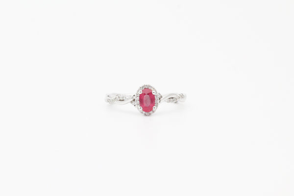 White Gold Twisted Band Ruby and Diamond Halo Ring