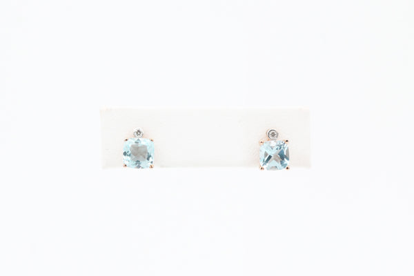 Rose Gold Blue Topaz and Diamond Stud Earrings