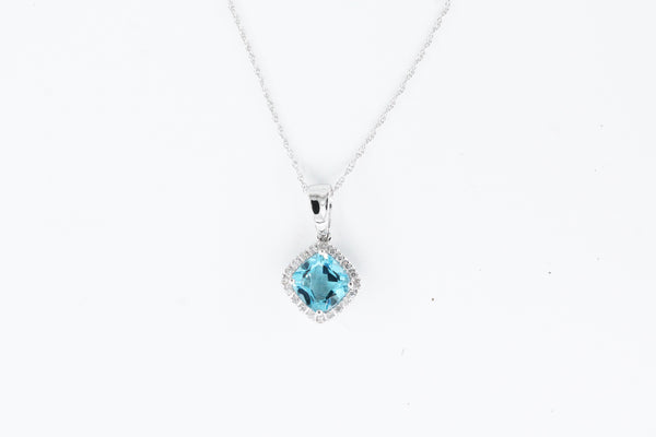 White Gold Cushion Cut Blue Topaz Halo Necklace
