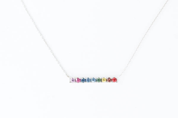 White Gold Rainbow Sapphire Bar Necklace