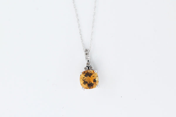 White Gold Cushion Cut Citrine and Diamond Drop Necklace