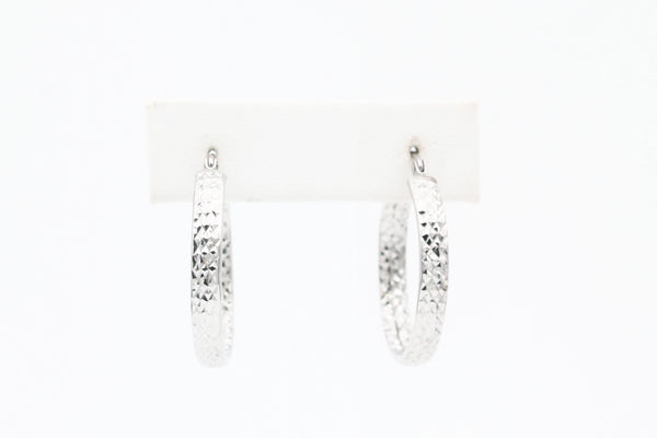 White Gold Textured Flat Tube Hoop Earrings