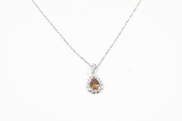 White Gold Citrine and Diamond Halo Necklace