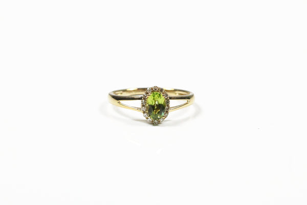 Yellow Gold Peridot and Diamond Halo Ring with Split Shank