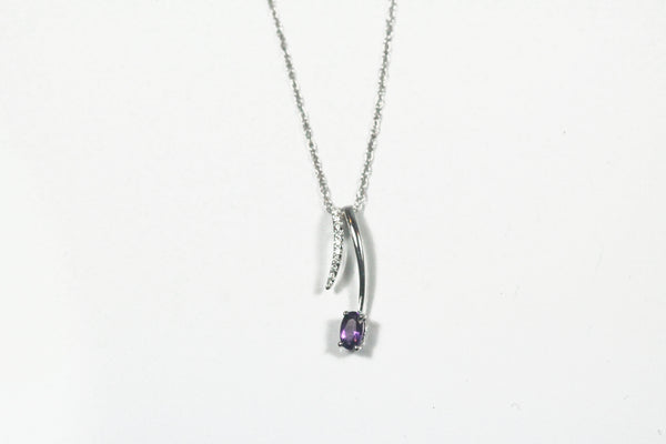 White Gold Amethyst and Diamond Pendant with Chain