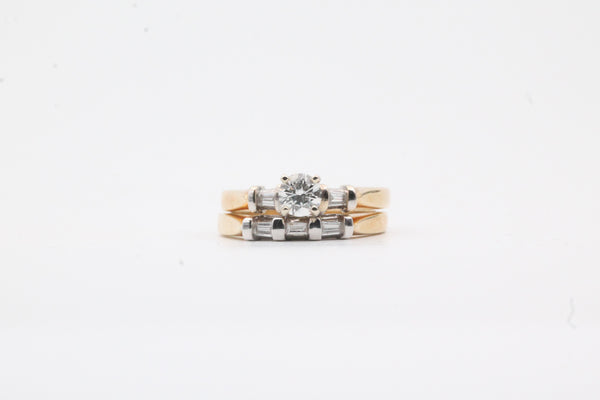 Two-Tone Wedding Set with Round Diamond Center and Baguette Sides