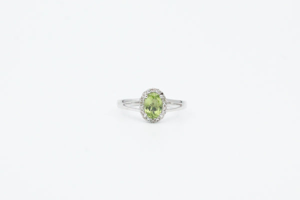 White Gold Oval Peridot Split Shank Halo Ring