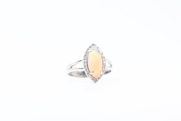 White Gold Marquise Opal and Diamond Halo Ring with Split Shank