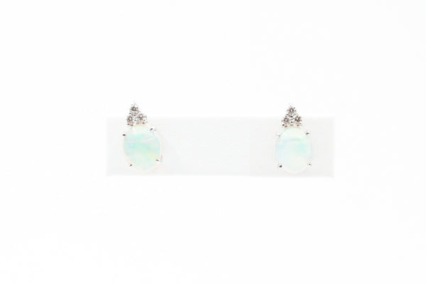 White Gold Oval Opal and Diamond Stud Earrings