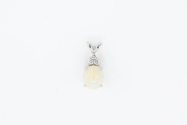 White Gold Oval Opal and Diamond Pendant