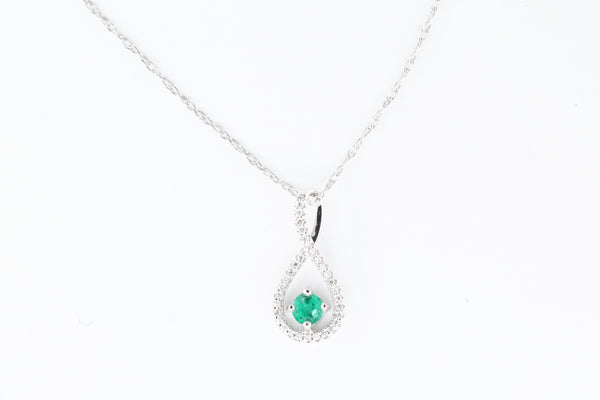 White Gold Emerald and Diamond Twisty Pendant with Chain