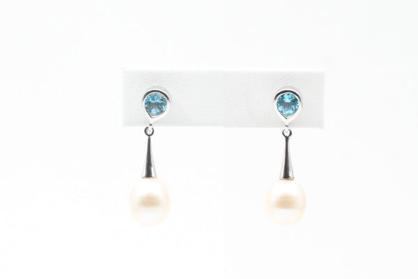 White Gold Pearl and Blue Topaz Drop Earrings