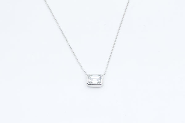 White Gold Bezel Emerald Cut Lab Grown Diamond Necklace