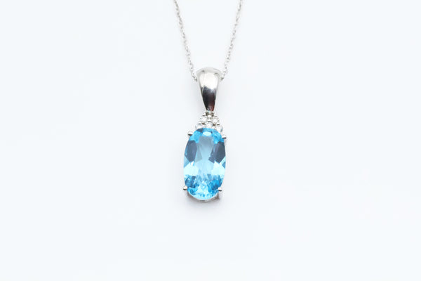 White Gold Blue Topaz Pendant with Chain
