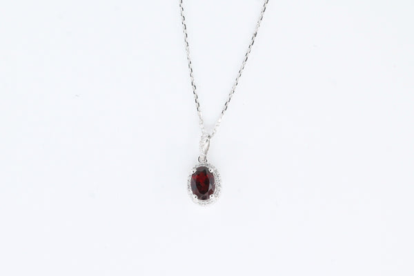 White Gold Garnet Pendant with Diamond Halo and Chain
