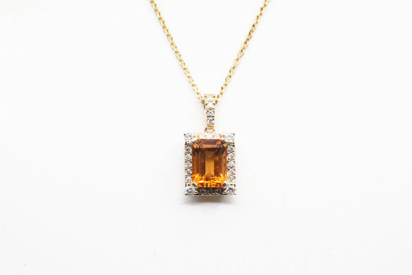 Yellow Gold Citrine with Diamond Halo Necklace