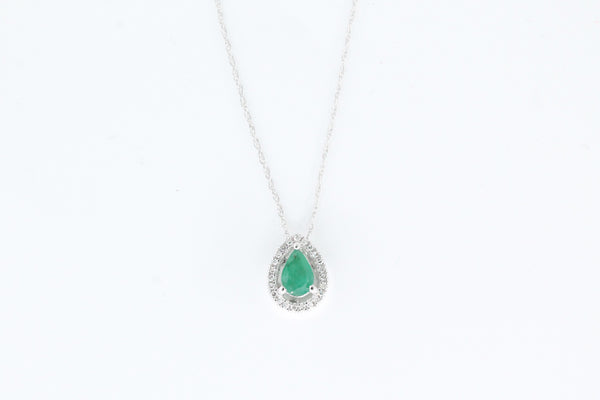 White Gold Emerald and Diamond Halo Pendant with Chain