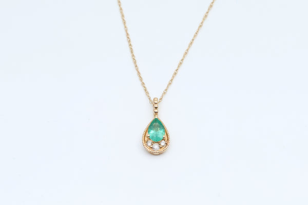 Yellow Gold Emerald and Diamond Pendant with Chain