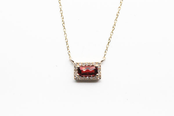 Yellow Gold East West Garnet Halo Necklace
