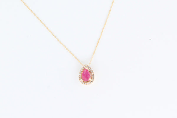 Yellow Gold Ruby and Diamond Floating Halo Pendant with Chain