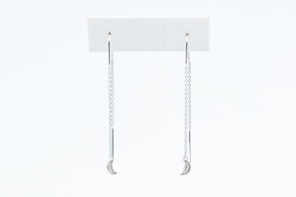White Gold Pull Through Earrings with Dangling Moons