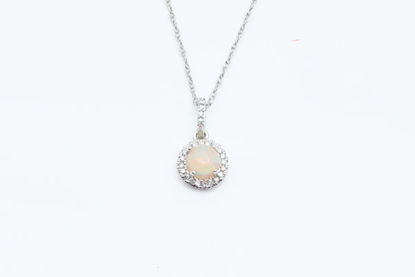 White Gold Ethiopian Opal Pendant with Diamond Halo and Chain