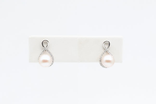 White Gold Pearl and Diamond Infinity Earrings
