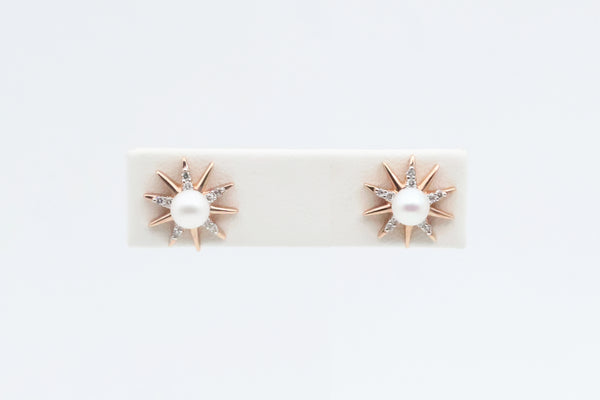 Rose Gold Pearl and Diamond Sunburst Earrings