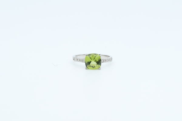 White Gold Cushion Peridot and Diamond Ring