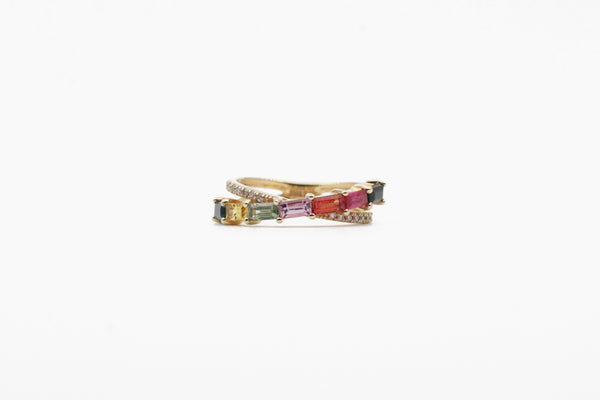 Yellow Gold Crisscross Rainbow Sapphire Ring